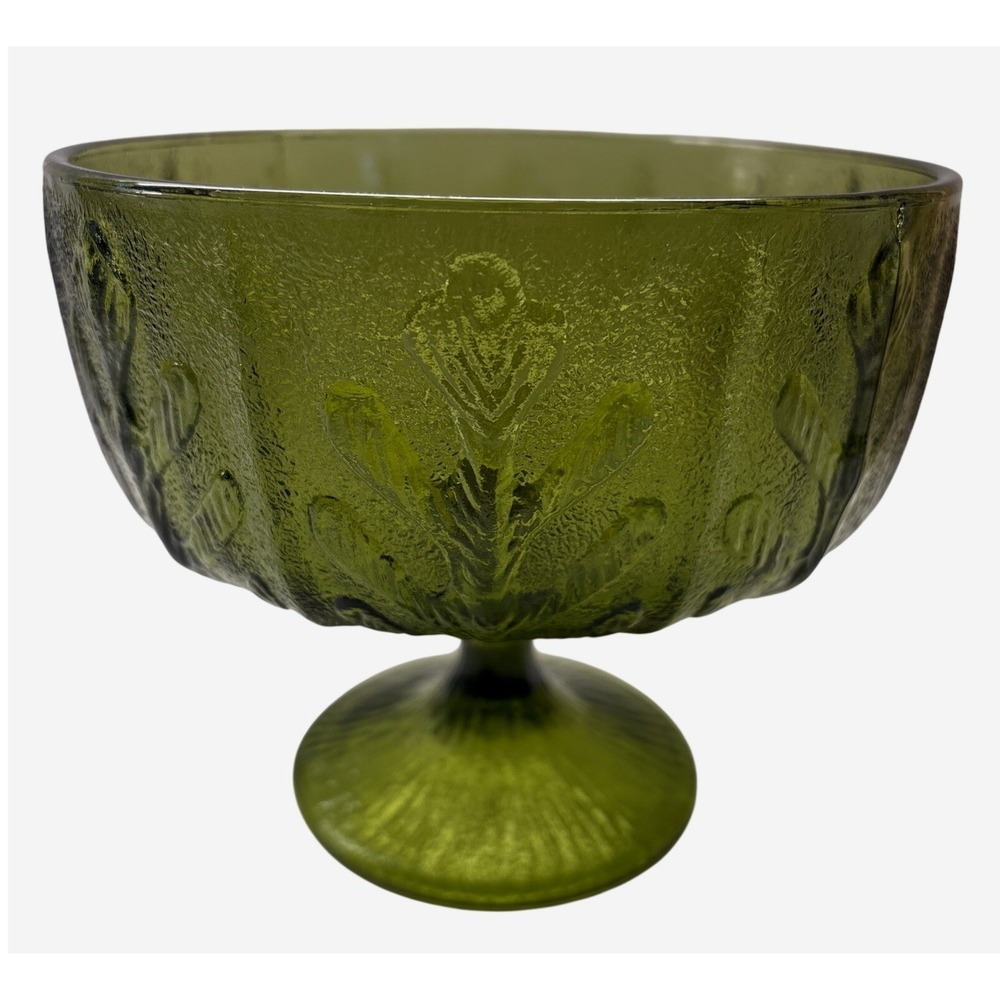 Vintage Avocado Green Glass Compote Bowl Embossed Leaf Pedestal Dish 7 Inch